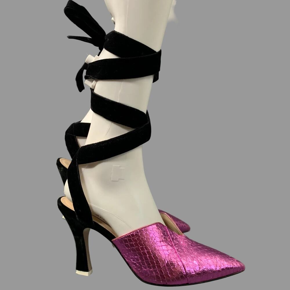 ATTICO Size 8 Purple Black Leather Snake Embossed Pointed Toe Pumps - Picture 2 of 6